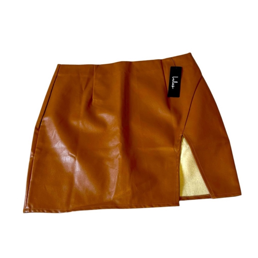 Lulu’s Camel Tan Vegan Leather High Waisted Mini Skirt with Thigh Slit Large NEW